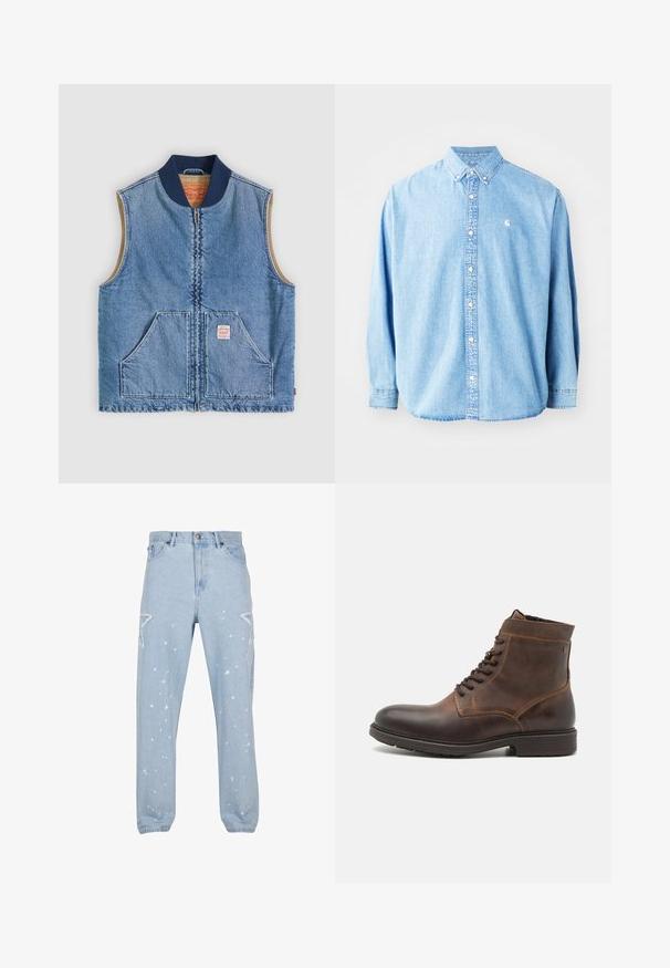 Chaleco sin mangas de mezclilla azul claro con cremallera frontal, dos bolsillos inclinados, cuello azul marino y forro interior beige.; Camisa de mezclilla azul claro, con botones y mangas largas, cuello puntiagudo y un pequeño logotipo en el lado izquierdo del pecho. Presenta un corte relajado y un diseño clásico.; Jeans de mezclilla azul claro con un ajuste relajado, que cuentan con recortes en forma de estrella, manchas de pintura y un diseño clásico de cinco bolsillos.; Jack & Jones JFWDELANEY BOOT - Botines con cordones - cognac