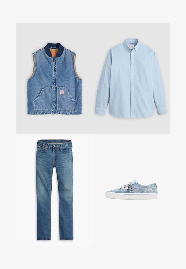 Ærmeløs lys blå denimvest med lynlås foran, to skrånende lommer, marineblå krave og beige inderfor.; Lyseblå langærmet skjorte med knapper og knaplukket krave samt enkelt brystlomme, lagt fladt på en grå baggrund.; Blå straight-leg denim jeans med frontknap og lynlåslukning, fem-lomme design og subtilt falmede områder på lår og knæ.; Lavtopet sneaker i lyseblåt denim med hvid gummisål, hvide snørebånd og dekorative charms, der hænger fra de sideplacerede snørehuller.