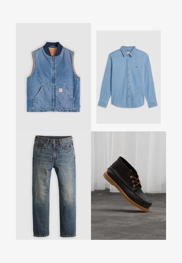 Mouwloos lichtblauw denimvest met ritssluiting aan de voorkant, twee schuine zakken, marineblauwe kraag en beige voering.; Lichtblauwe denim shirt met lange mouwen, knoopsluiting aan de voorkant en een puntige kraag. Bevat bruine knopen en een kleine rode logopatch.; Blauwe verwaste rechte denim jeans met voorzakken, riemlussen, knoop en ritsopening op een lichte achtergrond.; Zwarte leren schoenen met een gladde afwerking, ronde neus, bruine veters en lichtbruine rubberen zolen. Logo gegraveerd aan de zijkant.