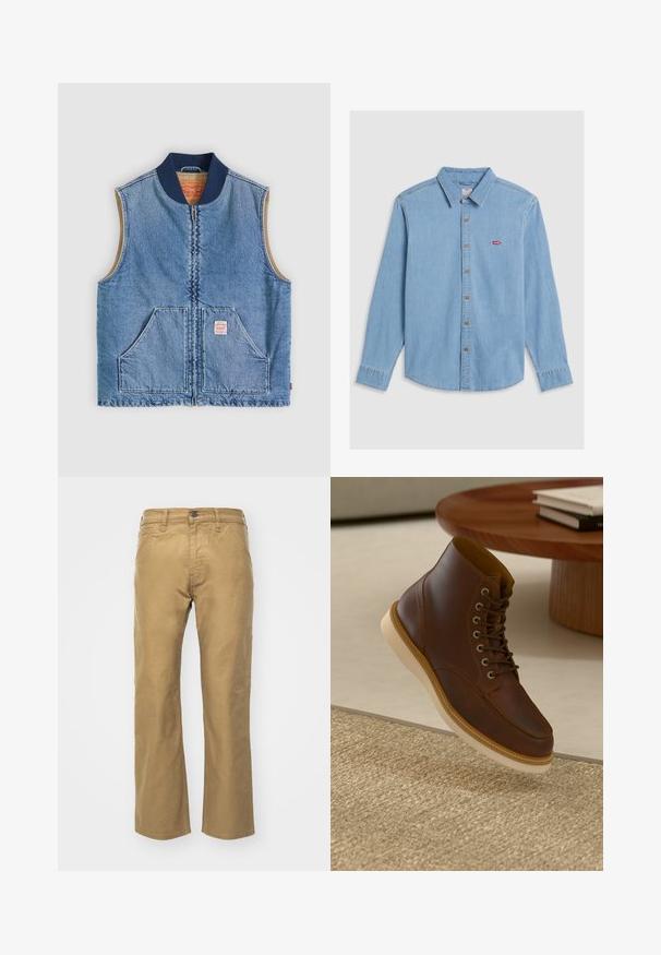 Ærmeløs lys blå denimvest med lynlås foran, to skrånende lommer, marineblå krave og beige inderfor.; Lyseblå denimskjorte med lange ærmer, knaplukning foran og spidse kraver. Har brune knapper og et lille rødt logo-patch.; Khaki bukser lavet af bomuld. Lige pasform med en talje og forlommer. Har en enkelt baglomme og diskrete syninger.; Brune læderankelstøvle med beige sål på et struktureret beige tæppe ved siden af et rundt træbord med stakke af bøger.