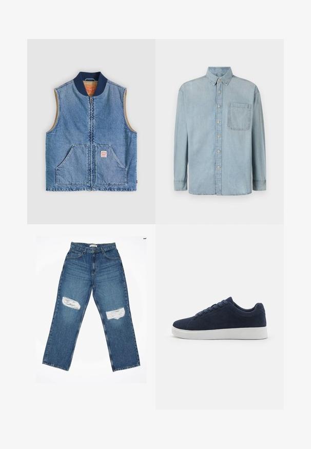Ærmeløs lys blå denimvest med lynlås foran, to skrånende lommer, marineblå krave og beige inderfor.; Lyseblå denimskjorte med lange ærmer, knaplukning foran og en enkelt brystlomme. Har en klassisk krave og standard manchetter.; Lyseblå denimjeans med lige ben, der har to slidte knælapper og standard fem-lomme design.; Mørkeblå ruskinds sneakers med rund tå, hvid gummisål og seks snørehuller. Glat tekstur og minimalistisk design. Vist fra siden.