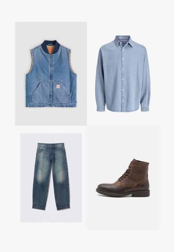 Ærmeløs lys blå denimvest med lynlås foran, to skrånende lommer, marineblå krave og beige inderfor.; Lysblå denim skjorte med lange ærmer og knapper, med krave og hvide knapper, præsenteret mod en helt hvid baggrund.; Lyseblå denimjeans med løs pasform, med falmede pletter, frontlommer og diagonale sømdetaljer. Design med lige ben.; Jack & Jones JFWDELANEY BOOT - Snørestøvletter - cognac