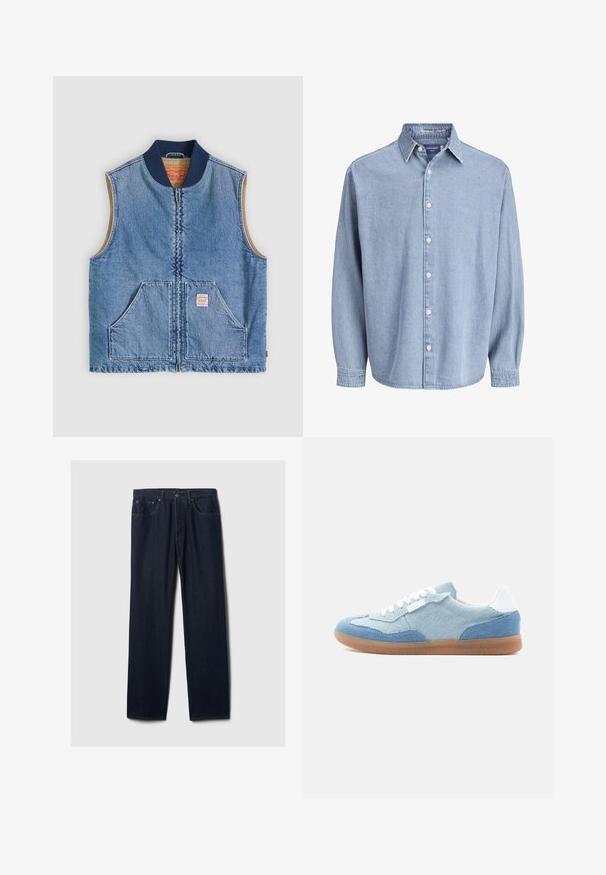 Mouwloos lichtblauw denimvest met ritssluiting aan de voorkant, twee schuine zakken, marineblauwe kraag en beige voering.; Lichtblauwe denim lange mouw knoophemd met kraag en witte knopen, weergegeven tegen een effen witte achtergrond.; Donkerblauwe rechte spijkerbroek met vijf zakken, knoopsluiting en zichtbare stiksels op een effen lichte achtergrond.; Low-top sneaker met lichtblauwe en denim panelen, witte veters, witte hielstrook en rubberen zool in gumkleur, gezien van opzij.