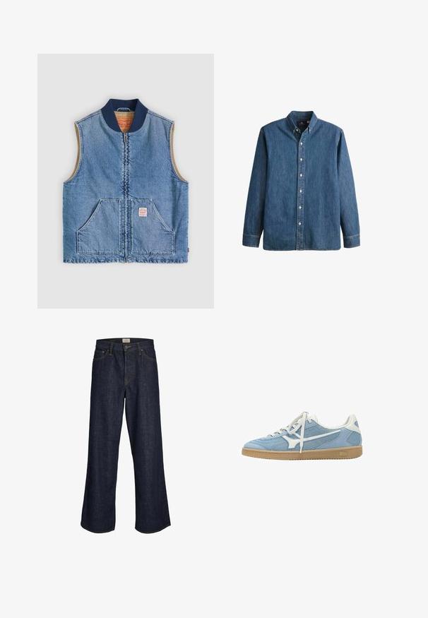 Ærmeløs lys blå denimvest med lynlås foran, to skrånende lommer, marineblå krave og beige inderfor.; Denim button-up skjorte i mellemblå, med lange ærmer, spidse kraver, hvide knapper og en tætsiddende pasform med diskret logo broderi.; Mørkeblå brede jeans lavet af denim, med en frontlynlås, fem lommer og kontraststikninger. Enderne er råskåret.; Lyseblå og hvide lave sneakers med mesh og ruskindsoverdel, hvide snørebånd og gummisål.