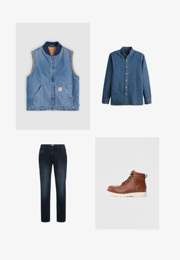 Ærmeløs lys blå denimvest med lynlås foran, to skrånende lommer, marineblå krave og beige inderfor.; Denim button-up skjorte i mellemblå, med lange ærmer, spidse kraver, hvide knapper og en tætsiddende pasform med diskret logo broderi.; Mørk vaskede denimjeans med lige ben, der har fem lommer, knaplukning og subtil fading langs lårene.; Brune læder ankelstøvler med en glat tekstur, hvid gummisål og sorte snørebånd. Har en strækstrop bagpå og kontrastsyninger.