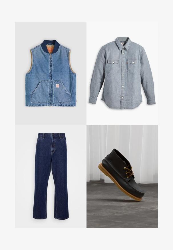 Ærmeløs lys blå denimvest med lynlås foran, to skrånende lommer, marineblå krave og beige inderfor.; Blå og hvide stribede langærmede skjorte med knappelukning foran, to brystlommer, krave, blødt stof, standard pasform, klassisk design.; Mørkeblå denim jeans med lige ben-design, der har knaplukning, fem lomme-stil og diskrete syninger.; Sorte lædersko med en glat overflade, rund tå, brune snørebånd og lysebrune gummisåler. Logo præget på siden.