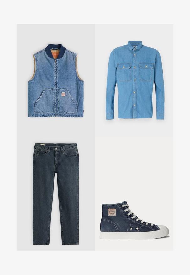 Varrukateta hele sinine teksavest esiluku ja kahe nurga all oleva taskuga, tumesinine krae ja beež sisemine vooder.; Hele helesinine denim-särk, millel on pikad varrukad, nööbid ees, kaks rinna taskut, terav krae ja kuldsed nööbid. Sile tekstuur, lõdva disainiga.; Tumedav in denimist valmistatud sirge jalaga teksad, millel on viis taskut ja nööbivarrustega sulgemine. Peen kulumine lisab kangale tekstuuri.; Tumesinine kõrge säärega toss valgete paeltega, valge kummitald, metallist silmused ja väike beež kaubamärgi märk pahkluu piirkonnas.