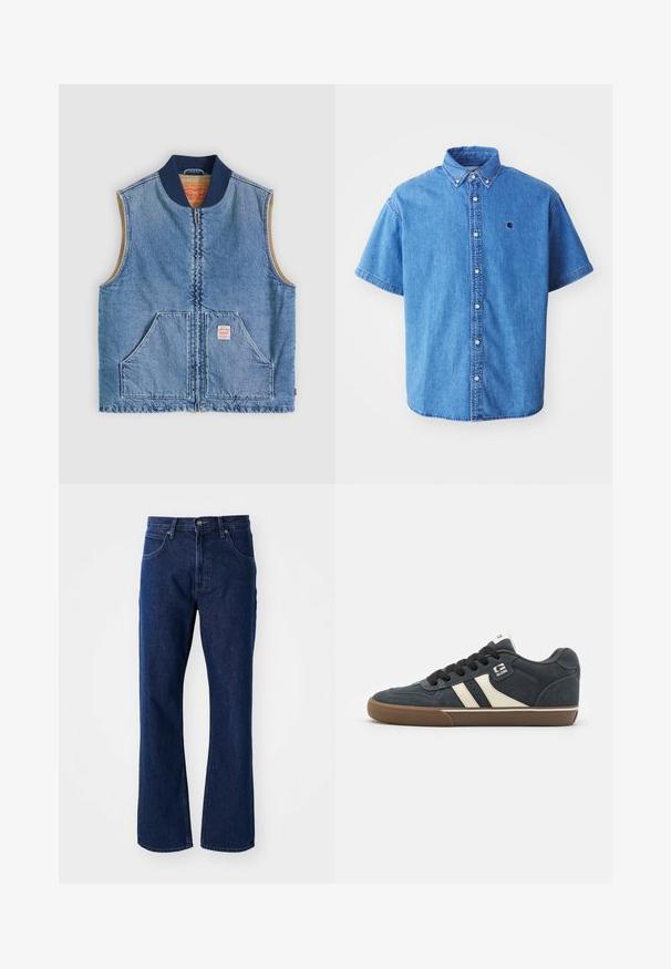 Mouwloos lichtblauw denimvest met ritssluiting aan de voorkant, twee schuine zakken, marineblauwe kraag en beige voering.; Lichtblauw denim shirt met korte mouwen en een knoopsluiting-kraag, voorzien van een logo op de borst en opvallende stiksels.; Donkerblauwe rechte denim jeans met knoop- en ritsluiting, riemlussen en voorzakken tegen een effen achtergrond.; Donkerblauwe suède sneaker met crèmekleurige stripes, zwarte veters en een bruine rubberen zool. Heeft een gevoerde kraag en een logo op de zijkant.