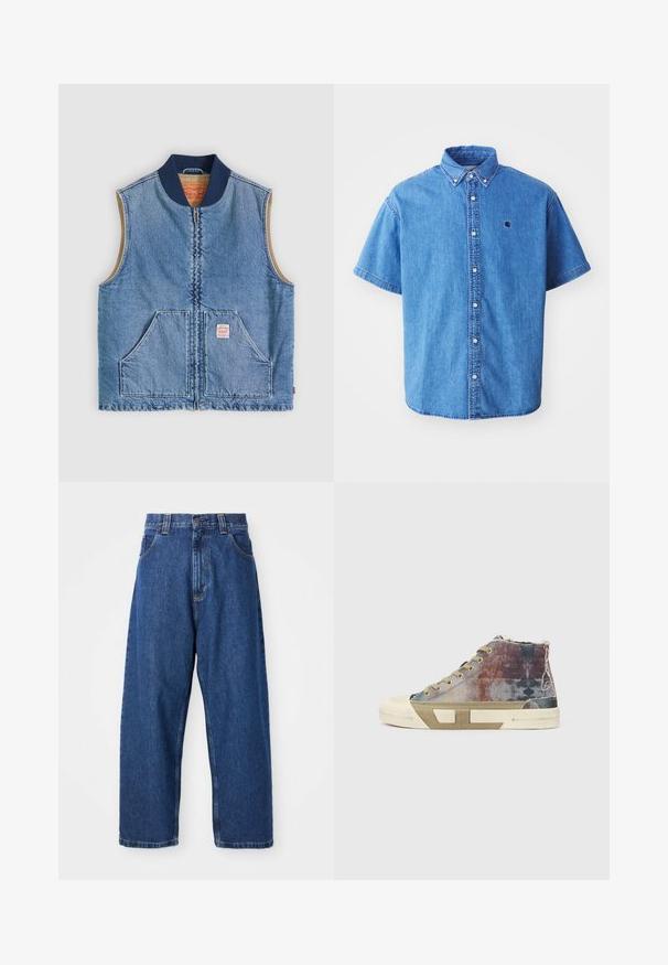Mouwloos lichtblauw denimvest met ritssluiting aan de voorkant, twee schuine zakken, marineblauwe kraag en beige voering.; Lichtblauw denim shirt met korte mouwen en een knoopsluiting-kraag, voorzien van een logo op de borst en opvallende stiksels.; Denim wijde broek in donkerblauw. Kenmerken zijn een hoge taille, riemlussen en een klassiek vijf-pocket ontwerp. Gestikte zoom met een schone afwerking.; High-top sneakers met een meerkleurig canvas bovenwerk met vervaagde patronen, beige zool en een minimalistisch ontwerp. Blootgestelde stiksels en accenten.