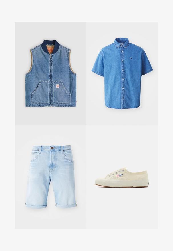 Mouwloos lichtblauw denimvest met ritssluiting aan de voorkant, twee schuine zakken, marineblauwe kraag en beige voering.; Lichtblauw denim shirt met korte mouwen en een knoopsluiting-kraag, voorzien van een logo op de borst en opvallende stiksels.; Lichtblauwe denim shorts met opgerolde mouwen, klassiek vijf-pocket ontwerp en een bronzen logo patch op de tailleband. Gladde textuur.; Beige canvas sneaker met een laag profiel, metalen oogjes en rubberen zool. Beschikt over een textuurpatroon en logodetail aan de zijkant.