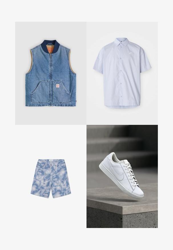 Mouwloos lichtblauw denimvest met ritssluiting aan de voorkant, twee schuine zakken, marineblauwe kraag en beige voering.; Lichtblauw overhemd met korte mouwen, gemaakt van gladde stof, met een knoopsluiting en een klein wit Nike-logo op de borst.; Lichtblauwe denim shorts met een wolkpatroon. Gemaakt van katoen, hebben ze een klassieke vijf-pocket ontwerp en een knoopsluiting.; Witte lederen sneaker met veters en Nike swoosh-logo die boven een betonnen richel zweeft in een buitenomgeving.