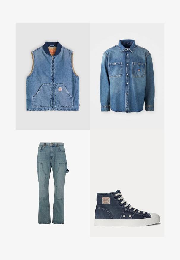 Mouwloos lichtblauw denimvest met ritssluiting aan de voorkant, twee schuine zakken, marineblauwe kraag en beige voering.; Denim overhemd in medium blauw, met een puntige kraag, twee borstzakken en zilveren knopen. Lange mouwen met knoopmanchetten.; Lichtblauwe denim cargobroek met een rechte pijpdesign, met meerdere zakken en een knoopsluiting bij de taille.; Marineblauwe hoge sneaker met witte veters, witte rubberen zool, metalen oogjes en een klein beige merklabel op het enkelgebied.