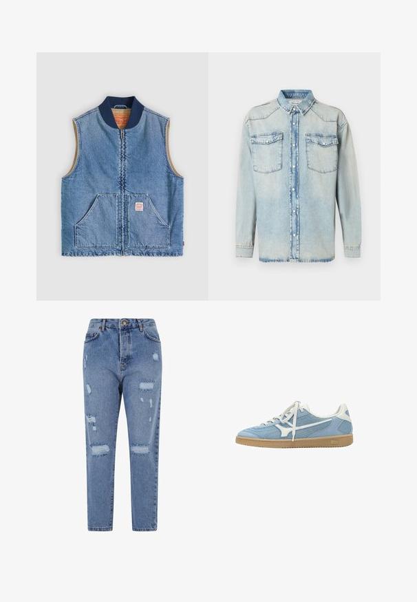 Mouwloos lichtblauw denimvest met ritssluiting aan de voorkant, twee schuine zakken, marineblauwe kraag en beige voering.; Lichtblauw denim overhemd met lange mouwen, twee borstzakken, knoopsluiting en een klassieke kraag. Verbleekte textuur overal.; Lichtblauwe denim jeans met een hoge taille, rechte pijpen en een versleten ontwerp met scheuren en rafelige randen overal.; Lichtblauwe en witte lage sneaker met mesh en suède bovenwerk, witte veters en een gum rubberen zool.