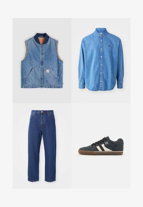 Mouwloos lichtblauw denimvest met ritssluiting aan de voorkant, twee schuine zakken, marineblauwe kraag en beige voering.; Denim button-up shirt, lichtblauw van kleur, met een puntkraag, lange mouwen en een klein logo op de borst. Voorzien van witte knopen en gestikte naden.; Hoge taille blauwe jeans van denim, met een rechte pijp silhouet, zichtbare stiksels en een sluiting met een voorknoop.; Donkerblauwe suède sneaker met crèmekleurige stripes, zwarte veters en een bruine rubberen zool. Heeft een gevoerde kraag en een logo op de zijkant.