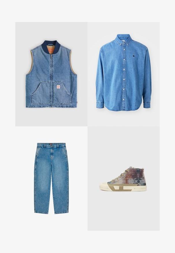 Ærmeløs lys blå denimvest med lynlås foran, to skrånende lommer, marineblå krave og beige inderfor.; Denim button-down skjorte, lyseblå i farven, med krave, lange ærmer og et lille logo på brystet. Har hvide knapper og syninger.; Lyseblå denim jeans med lige ben design. Har forlommer, lynlås og kontrastsyninger langs sømmene.; Høje sneakers med en multifarvet lærredsoverdel med falmede mønstre, beige sål og minimalistisk design. Eksponeret syning og detaljer.