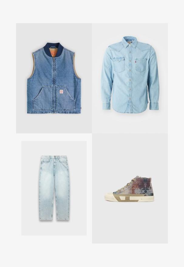 Ærmeløs lys blå denimvest med lynlås foran, to skrånende lommer, marineblå krave og beige inderfor.; Lys blå denim skjorte med lange ærmer, spids krave, to brystlommer, sølvnapsknapper og kontrastsyninger. Glat tekstur.; Lyseblå denimjeans med løs pasform, lige ben, falmet tekstur, fem-lomme design og metalknaplukning i taljen.; Høje sneakers med en multifarvet lærredsoverdel med falmede mønstre, beige sål og minimalistisk design. Eksponeret syning og detaljer.