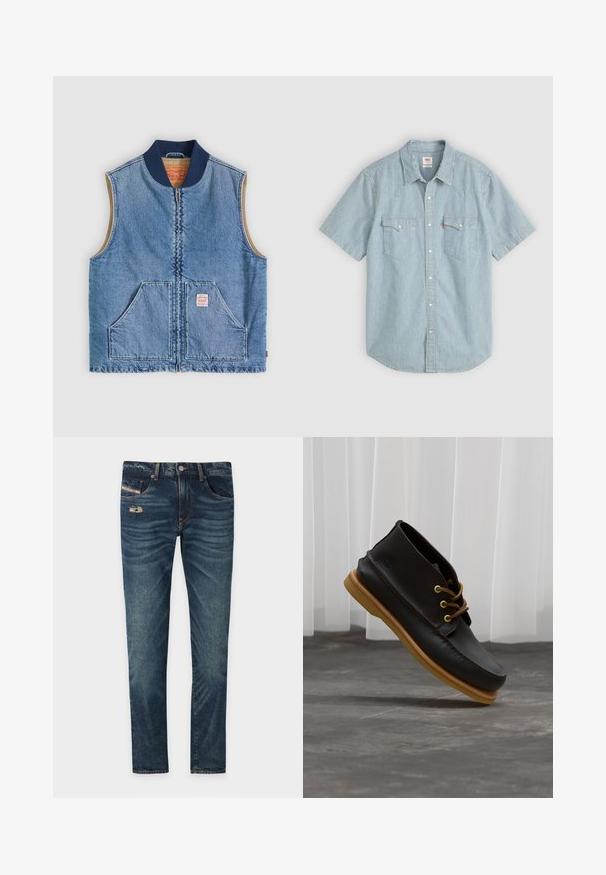 Chaleco sin mangas de mezclilla azul claro con cremallera frontal, dos bolsillos inclinados, cuello azul marino y forro interior beige.; Camisa de manga corta en azul claro con rayas blancas, con cuello tradicional, dos bolsillos en el pecho y cierre de botones. Material de algodón.; Jeans de denim azul oscuro con un acabado ligeramente deslavado, que presentan un detalle desgate en la parte frontal y cinco bolsillos, incluyendo un pequeño bolsillo para monedas.; Zapatos de cuero negro con un acabado suave, punta redonda, cordones marrones y suelas de goma marrón claro. Logo embossado en el costado.