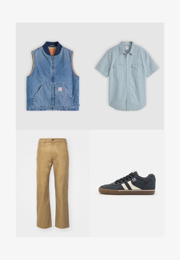 Mouwloos lichtblauw denimvest met ritssluiting aan de voorkant, twee schuine zakken, marineblauwe kraag en beige voering.; Korte mouwen shirt in lichtblauw met witte strepen, voorzien van een traditionele kraag, twee borstzakken en knoopsluiting. Gemaakt van katoen.; Khaki broek van katoen. Rechte pasvorm met een tailleband en voorzakken. Heeft een enkele achterzak en subtiele stikdetails.; Donkerblauwe suède sneaker met crèmekleurige stripes, zwarte veters en een bruine rubberen zool. Heeft een gevoerde kraag en een logo op de zijkant.