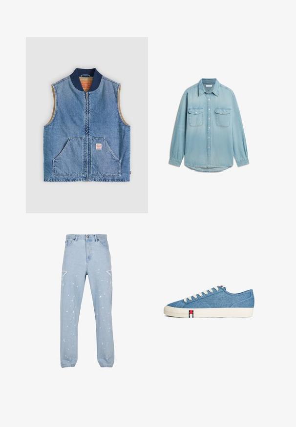 Mouwloos lichtblauw denimvest met ritssluiting aan de voorkant, twee schuine zakken, marineblauwe kraag en beige voering.; Lichtblauw denimoverhemd met lange mouwen, twee borstzakken met klep, knoopsluiting aan de voorkant en puntkraag.; Lichtblauwe denim jeans met een relaxte pasvorm, voorzien van stervormige uitsparingen, verfspetters en een klassieke vijf-pocket ontwerp.; Lage sneaker met blauwe denim bovenkant, witte veters, crèmekleurige rubberen zool en een klein Tommy Jeans-logo bij de zool en op de tong.