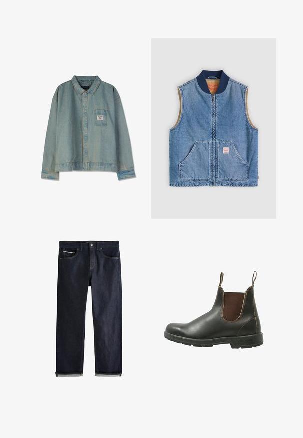 Mouwloos lichtblauw denimvest met ritssluiting aan de voorkant, twee schuine zakken, marineblauwe kraag en beige voering.; Lichtblauwe spijkerjacket met een puntige kraag, lange mouwen, borstzak en zichtbare stiksels; relaxte pasvorm en versleten textuur.; Donkerblauwe spijkerbroek met opgerolde pijpen, knoop- en ritssluiting, voor- en muntzakken en contrasterende stiksels op een witte achtergrond.; Chelsea-boots van glad zwart leer met bruine elastische zijpanelen, contrasterende stiksels en een gestructureerde rubberen zool.