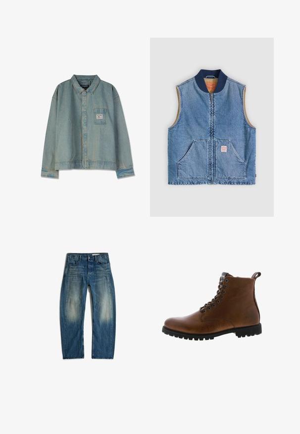 Mouwloos lichtblauw denimvest met ritssluiting aan de voorkant, twee schuine zakken, marineblauwe kraag en beige voering.; Lichtblauwe spijkerjacket met een puntige kraag, lange mouwen, borstzak en zichtbare stiksels; relaxte pasvorm en versleten textuur.; Blauwe spijkerbroek met een vervaagde wassing op de dijen, vijf zakken en een knoop- en ritssluiting, plat gelegd op een witte achtergrond.; Bruine leren enkelbotten met een gestructureerde afwerking, metalen oogjes en een zwarte rubberen profielzool. Voorzien van een trekband aan de achterkant voor gemakkelijke instap.
