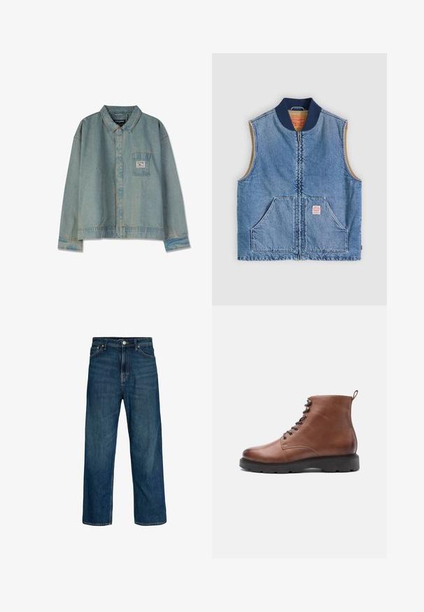 Mouwloos lichtblauw denimvest met ritssluiting aan de voorkant, twee schuine zakken, marineblauwe kraag en beige voering.; Lichtblauwe spijkerjacket met een puntige kraag, lange mouwen, borstzak en zichtbare stiksels; relaxte pasvorm en versleten textuur.; Blauwe rechte broekspijpen van spijkerbroek voor mannen met vijf zakken en knoopsluiting, afgebeeld op een witte achtergrond.; Bruine leren enkelboots met een ronde neus, veter sluiting en een zwarte rubberen zool. Voorzien van een lus aan de achterkant voor een gemakkelijker aan- en uittrekken.