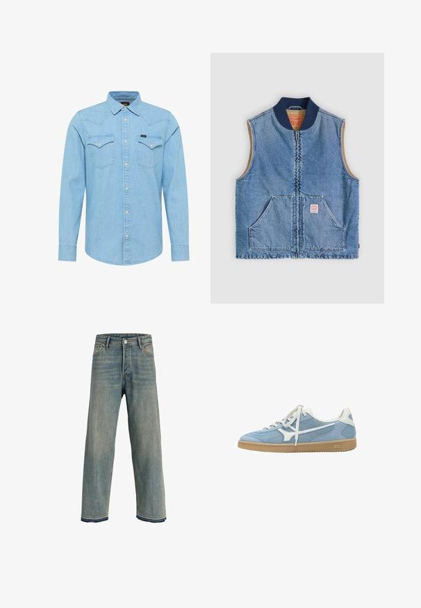 Ærmeløs lys blå denimvest med lynlås foran, to skrånende lommer, marineblå krave og beige inderfor.; Lyseblå denimskjorte med lange ærmer, knaplukning, to brystlommer med knapper, spids krave og lille Lee-logo på venstre lomme.; Lyseblå jeans med lige ben og høj talje, design med fem lommer, knap- og lynlås lukning samt frynset kant med mørk syning.; Lyseblå og hvide lave sneakers med mesh og ruskindsoverdel, hvide snørebånd og gummisål.