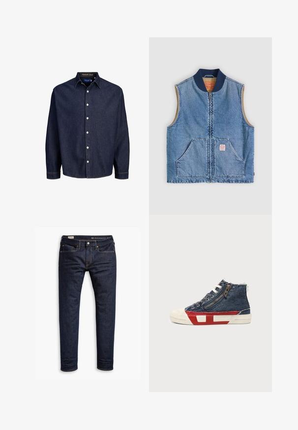 Chaleco sin mangas de mezclilla azul claro con cremallera frontal, dos bolsillos inclinados, cuello azul marino y forro interior beige.; Camisa de mezclilla azul oscuro con frente abotonado, mangas largas y cuello clásico, que presenta botones blancos y costuras en contraste.; Jeans de mezclilla azul oscuro con corte slim, que cuentan con costuras naranjas, diseño de cinco bolsillos y herrajes metálicos. Textura suave, sin patrones.; Zapatilla deportiva de caña alta con tela vaquera azul, cordones blancos, cremallera lateral y diseño de suela en rojo y blanco sobre un fondo liso.