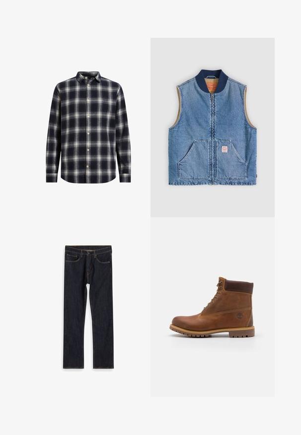 Ærmeløs lys blå denimvest med lynlås foran, to skrånende lommer, marineblå krave og beige inderfor.; Marineblå og cremeplaid flannel skjorte med knapkrave, lange ærmer og beige knapper; har en blød tekstur og en struktureret form.; Mørkeblå lige ben denim jeans med forlommer, bæltestropper og kontrast orange syninger, lagt fladt på hvid baggrund.; Brun læder vandrestøvle med en glat finish, polstret ankel, metalliske snørehuller og en gummisål med et robust dækmønster.