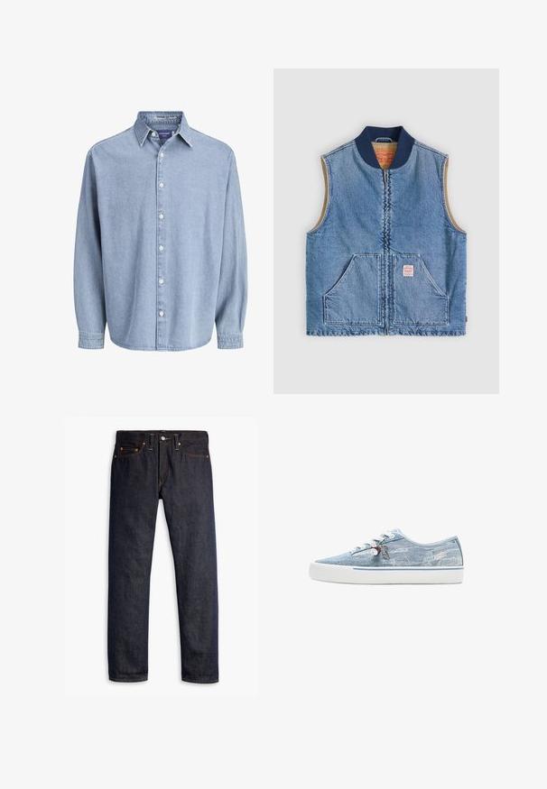 Mouwloos lichtblauw denimvest met ritssluiting aan de voorkant, twee schuine zakken, marineblauwe kraag en beige voering.; Lichtblauwe denim lange mouw knoophemd met kraag en witte knopen, weergegeven tegen een effen witte achtergrond.; Donkerblauwe spijkerbroek met een rechte pasvorm, vijf zakken, koperen klinknagels, gele stiksels en een duidelijke textuur in de stof.; Lage sneaker in lichtblauw denim met witte rubberen zool, witte veters en decoratieve hangertjes die aan de zijkant van de veterogen hangen.