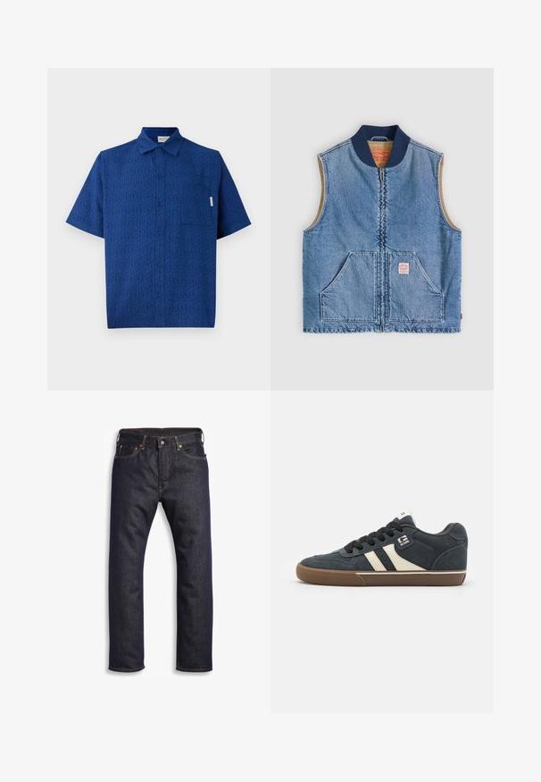 Ærmeløs lys blå denimvest med lynlås foran, to skrånende lommer, marineblå krave og beige inderfor.; Kortærmet blå skjorte lavet af tekstureret stof med et subtilt mønster, en knaplukning foran og en enkelt brystlomme.; Mørkeblå denimjeans med lige snit, fem-lomme design, metalbeslag og kontrasterende orange syninger. Glat tekstur, ingen synlige mønstre.; Mørkeblå ruskinds sneakers med cremefarvede striber, sorte snørebånd og en brun gummisål. Har polstret krave og logo på siden.