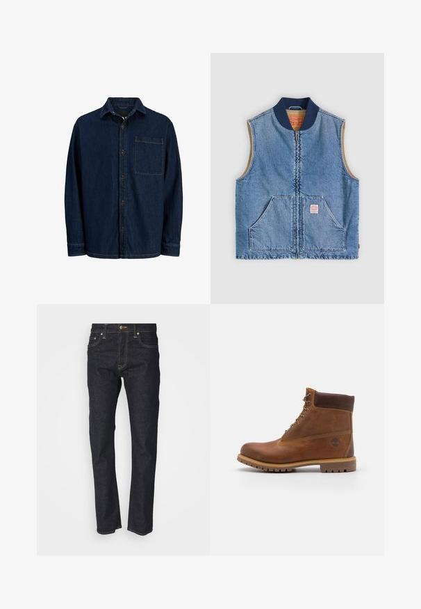 Ærmeløs lys blå denimvest med lynlås foran, to skrånende lommer, marineblå krave og beige inderfor.; Mørk denim skjorte med lange ærmer, spids krave og brystlomme. Har brune knapper og gule syninger som detaljer.; Mørkeblå denim jeans med lige pasform, der har knaplukning, fem lommer og gyldne stikninger. Glat tekstur.; Brun læder vandrestøvle med en glat finish, polstret ankel, metalliske snørehuller og en gummisål med et robust dækmønster.
