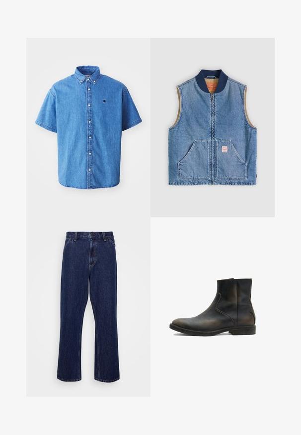 Veste sans manches en denim bleu clair avec fermeture éclair frontale, deux poches inclinées, col bleu marine et doublure intérieure beige.; Chemise en denim à manches courtes de couleur bleu clair avec un col boutonné, comportant un logo sur la poitrine et des détails de couture visibles.; Jeans en denim bleu foncé avec une coupe droite, dotés d'une fermeture à bouton, d'un style à cinq poches et de détails de couture subtils.; AllSaints LANG - Bottines - brown