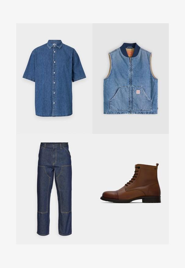 Mouwloos lichtblauw denimvest met ritssluiting aan de voorkant, twee schuine zakken, marineblauwe kraag en beige voering.; Donkerblauwe spijkerbloes met korte mouwen. Beschikt over een knoopsluiting aan de voorkant, een klassieke kraag en gestikte details langs de randen.; Donkerblauwe denim jeans met een hoge taille, rechte pijpen, contrasterende stiksels en opgestikte zakken aan de voorkant.; Jack & Jones JFWSHAUN BOOT - Veterboots - cognac