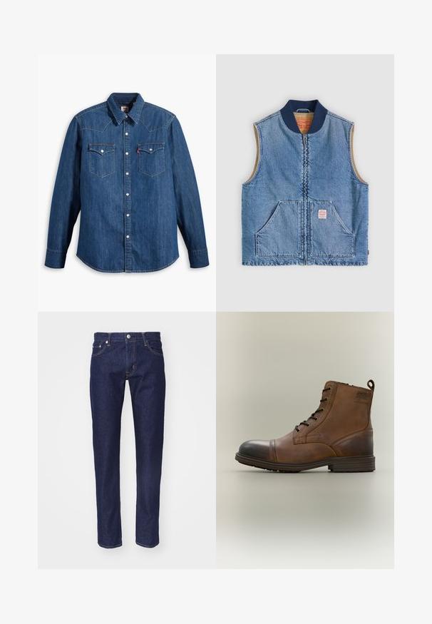 Ærmeløs lys blå denimvest med lynlås foran, to skrånende lommer, marineblå krave og beige inderfor.; Denim skjorte i mørkeblå med lange ærmer, spids krave og trykknapper. Har to brystlommer med klapper og kontrastsying.; Mørkeblå denim jeans med lige pasform, fem-lomme design, kontrasterende orange syninger og en sølvknaplukning i taljen.; Brun læderstøvle med snørebånd, sort tåhætte, rund sål og mærket detalje på siden mod ensfarvet baggrund.