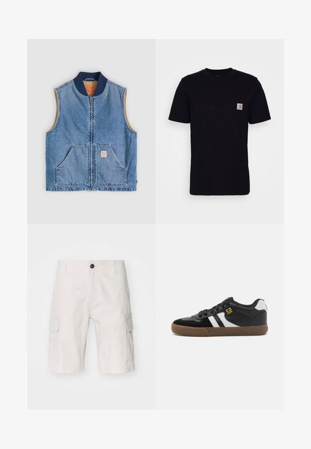Veste sans manches en denim bleu clair avec fermeture éclair frontale, deux poches inclinées, col bleu marine et doublure intérieure beige.; T-shirt en coton noir à manches courtes, col rond et poche poitrine avec un petit patch logo carré. Design simple et uni.; Shorts cargo beiges en tissu léger, dotés de deux poches latérales, d'une fermeture à bouton et d'une coupe décontractée. Texture lisse avec un motif subtil.; Baskets noir et blanc avec une tige en daim et en cuir, présentant des rayures blanches, des lacets noirs et une semelle en caoutchouc marron. Accents de logo dorés.
