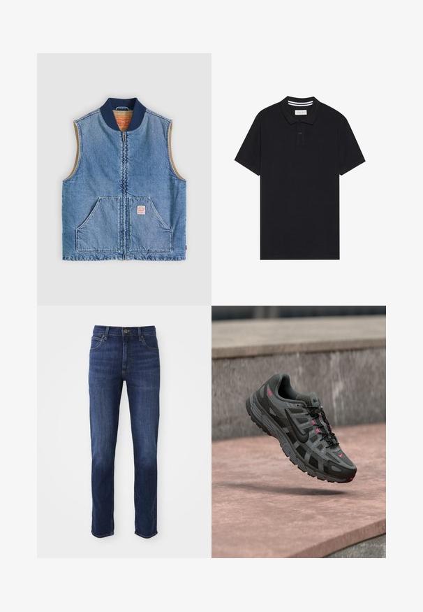 Ærmeløs lys blå denimvest med lynlås foran, to skrånende lommer, marineblå krave og beige inderfor.; Sort polo skjorte lavet af bomuld, med en tre-knap lukning, korte ærmer og en kontrasterende stribet krave.; Mørkeblå denim jeans med lige pasform, der har et klassisk fem-lomme design og metal knaplukning. Subtile falmede detaljer på stoffet.; Grå og sort Nike-sneaker med pinke accenter svævende i luften over en stenet overflade, der viser side- og topdetaljer.