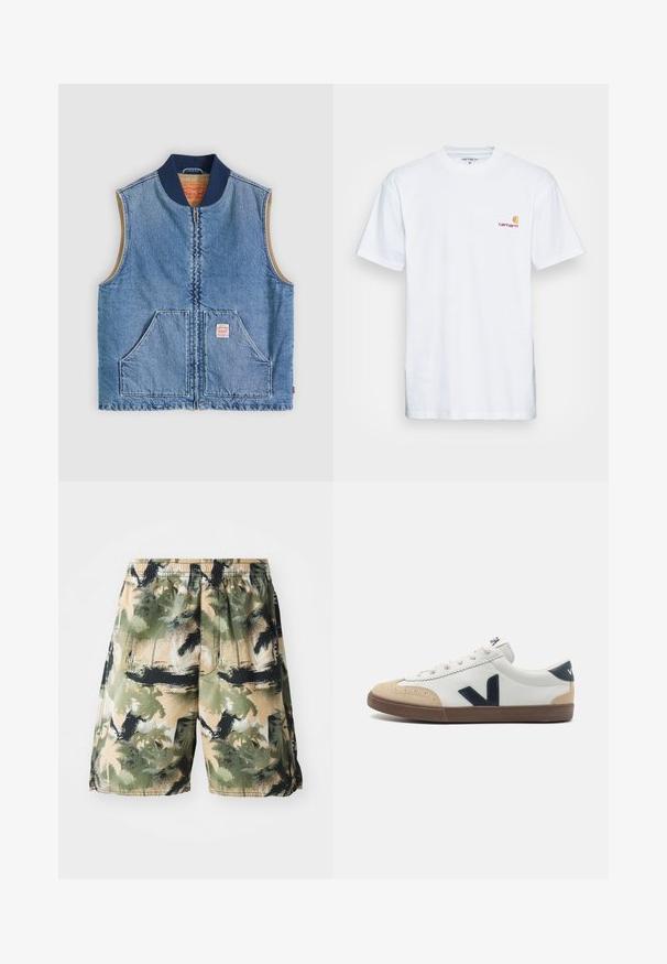 Mouwloos lichtblauw denimvest met ritssluiting aan de voorkant, twee schuine zakken, marineblauwe kraag en beige voering.; Witte katoenen t-shirt met korte mouwen. Ontworpen met een klein oranje en kastanjebruin logo op de linkerkant van de borst. Heeft een klassieke ronde hals.; Zwemshorts voor heren van een lichtgewicht, ademend materiaal met een tropisch palm patroon in groen, zwart en beige. Inclusief een elastische tailleband.; Witte leren sneaker met beige teencap, marineblauw zijwaarts "V" logo en een bruine rubberen zool. Beschikt over ronde veters en textuurelementen.