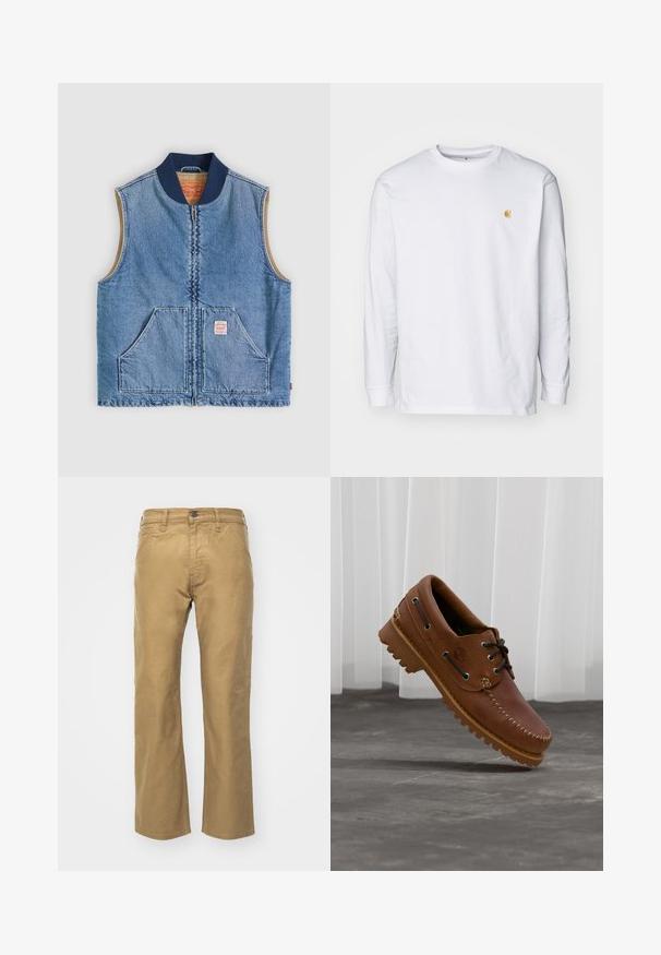 Veste sans manches en denim bleu clair avec fermeture éclair frontale, deux poches inclinées, col bleu marine et doublure intérieure beige.; T-shirt à manches longues blanc en coton. Présente un petit logo doré sur la poitrine et un col rond. Design simple et coupe standard.; Pantalons kaki en coton. Coupe droite avec une ceinture et des poches avant. Comprend une poche arrière unique et des détails de couture subtils.; Chaussure de bateau en cuir marron avec des lacets noirs, des coutures beiges et une semelle robuste, suspendue au-dessus d'un sol en béton gris.