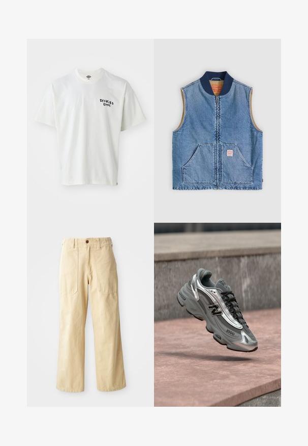 Mouwloos lichtblauw denimvest met ritssluiting aan de voorkant, twee schuine zakken, marineblauwe kraag en beige voering.; Korte mouwen witte T-shirt gemaakt van katoen met een ronde hals. Heeft een zwart bedrukte logo op de linkerborst en een klein label aan de zoom.; Beige wijde broek van katoen. Heeft een hoge taille, twee zijzakken met een vlak design en een enkele knoopsluiting.; Grijze en zilveren New Balance sneaker met het label "1000" die boven een rozeachtige stenen ondergrond zweeft, met een grijze stenen muur op de achtergrond.
