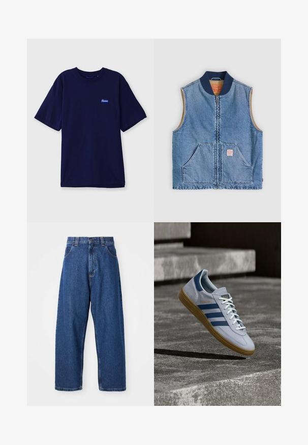 Mouwloos lichtblauw denimvest met ritssluiting aan de voorkant, twee schuine zakken, marineblauwe kraag en beige voering.; Marineblauwe katoenen t-shirt met een ronde hals, korte mouwen en een klein rechthoekig merketiket in blauw en wit op de linkerborst.; Denim wijde broek in donkerblauw. Kenmerken zijn een hoge taille, riemlussen en een klassiek vijf-pocket ontwerp. Gestikte zoom met een schone afwerking.; Lichtblauwe Adidas Spezial sneaker met marineblauwe strepen en rubberen zool, getoond in de lucht boven betonnen trappen in een neutrale buitenomgeving.