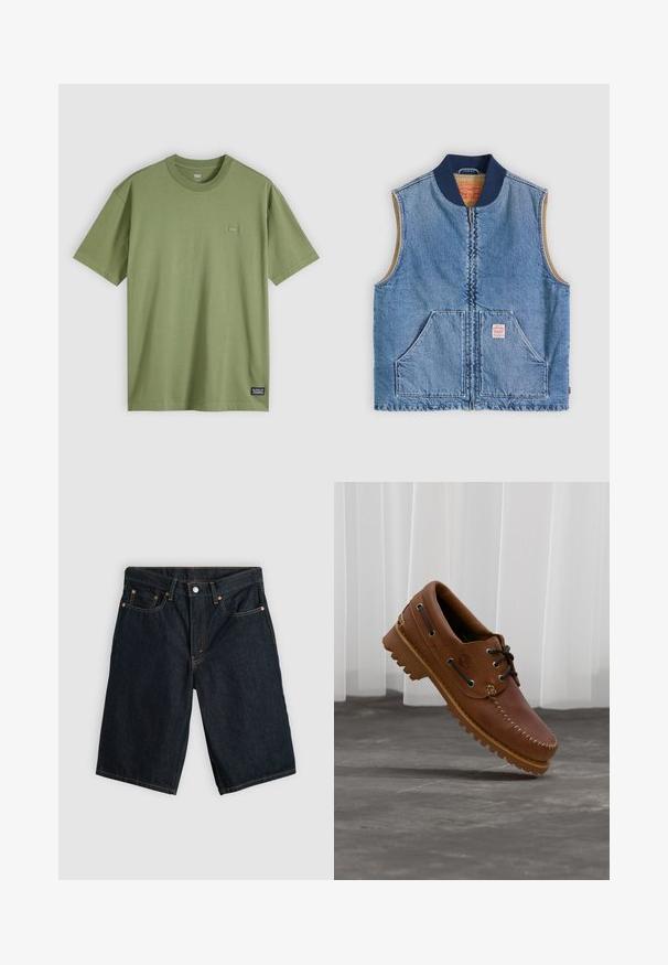 Veste sans manches en denim bleu clair avec fermeture éclair frontale, deux poches inclinées, col bleu marine et doublure intérieure beige.; T-shirt en coton vert olive avec un col rond et des manches courtes. Comprend un petit patch logo discret sur la poitrine et une étiquette de marque tissée à l'ourlet.; Shorts en jean bleu foncé longueur genou avec bouton devant, fermeture éclair et cinq poches, posés à plat sur un fond gris clair.; Chaussure de bateau en cuir marron avec des lacets noirs, des coutures beiges et une semelle robuste, suspendue au-dessus d'un sol en béton gris.
