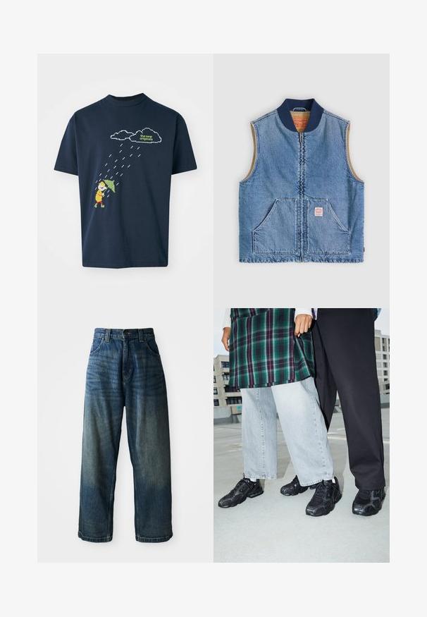 Ærmeløs lys blå denimvest med lynlås foran, to skrånende lommer, marineblå krave og beige inderfor.; Mørkeblå bomulds t-shirt med et pixeliseret grafisk motiv af en figur med en paraply under skyer og regndråber, med tekst ovenfor i lys grøn.; Bredde ben blå denimjeans med en falmet finish. Har fem lommer, knaplukning og kontrasterende syninger. Tyk stof.; Sorte atletik sko med mesh- og gummidetaljer. Båret med lysegrå vide jeans og en ternet grøn bluse. Flad overflade i baggrunden.