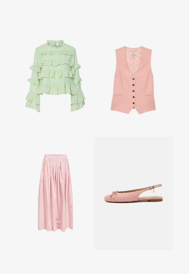 Chaleco rosa entallado con cinco botones oscuros, dos bolsillos delanteros de ojal y cuello en V, colocado plano mostrando la etiqueta de la marca en el interior.; Blusa verde clara con múltiples capas de volantes en el cuerpo y las mangas. Tejido suave con un alto collar con volantes y mangas largas y acampanadas.; Falda larga de color rosa claro con pliegues recogidos y cintura ajustada, tela fluida y longitud midi.; Zapato rosa plano tipo slingback con tejido texturizado, lazo en la puntera redondeada, tira en el tobillo con hebilla dorada y encanto, y suela baja marrón.