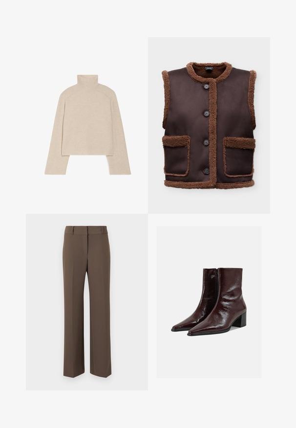 Donkerbruine mouwloze gilet met zachte shearling afwerking en voering, knoopsluiting aan de voorkant en twee opgestikte voorzakken met shearling randen.; Beige geribbelde coltrui met lange mouwen en een slimfit ontwerp, voorzien van een hoge kraag en een gestructureerd breipatroon.; Bruine rechte broek met riemlussen, voornaaddetail en een hoge taille, weergegeven tegen een neutrale achtergrond.; Glinsterende donkerbruine leren enkellaarzen met puntige neuzen, een zijrits en blokhakken op een effen lichtgrijze achtergrond.