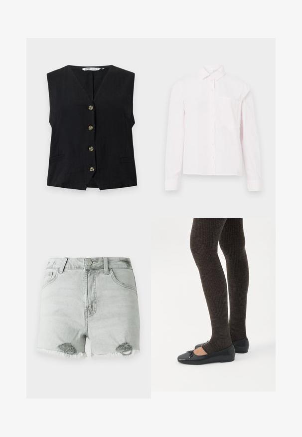Gilet noir sans manches avec col en V et quatre boutons marron sur le devant, présentant deux petites poches fendues sur les côtés.; Chemise rose pâle à manches longues avec un col et une poche sur la poitrine, présentée sur un fond blanc.; Shorts en denim gris clair avec une taille haute, des détails déchirés et des ourlets effilochés, ainsi que deux poches avant. Le tissu semble doux et usé.; Jambes portant des leggings côtelés foncés associés à des ballerines noires avec de petits détails en nœud sur fond blanc.