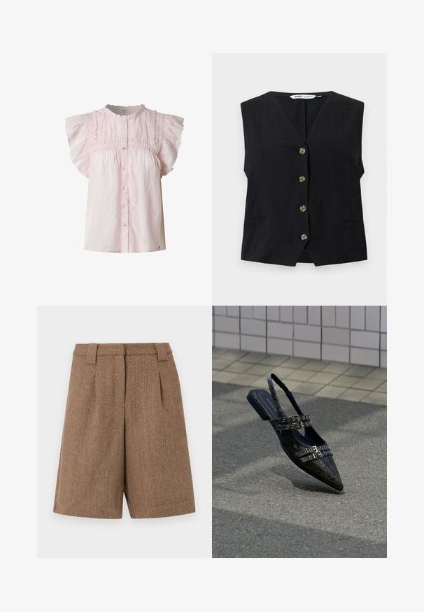 Chaleco negro sin mangas con escote en V y cuatro botones marrones en la parte delantera, con dos pequeños bolsillos laterales con aberturas.; Blusa rosa claro con mangas cortas abullonadas, cuerpo fruncido, escote redondo y cierre de botones en la parte frontal. Hecha de una tela ligera con una textura suave.; Pantalones cortos ajustados de patrón espiga marrón con presillas para cinturón y pliegues delanteros, exhibidos sobre un fondo blanco liso.; Zapatos slingback de punta afilada en cuero sintético negro con textura de serpiente, con correas de doble hebilla y tacón plano, que presentan una textura suave y un diseño moderno.