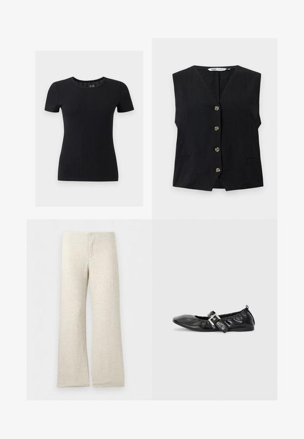 Gilet noir sans manches avec col en V et quatre boutons marron sur le devant, présentant deux petites poches fendues sur les côtés.; Haut noir en maille côtelée à manches courtes avec encolure ronde et bord festonné, silhouette ajustée.; Pantalon beige en lin à jambes larges avec une ceinture plate et un détail de braguette cousue, présenté sur un fond blanc uni.; Chaussure plate en cuir noir avec un nez pointu, des détails froncés autour de l'ouverture et un accent en boucle argentée sur la bride ajustable.