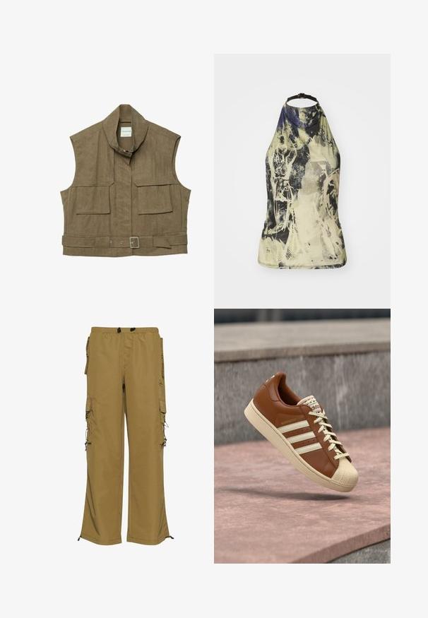 Bezrukávová khaki vesta so širokým golierom, prednými vreckami s chlopňou a nastaviteľným opaskom so striebornou prackou v páse.; Top s halter výstrihom v svetlom, abstraktnom vzore s zelenými, žltými a modrými odtieňmi. Obsahuje čierny nastaviteľný remienok a priliehavý strih.; Khaki cargo nohavice s elastickým pásom, viacerými bočnými vreckami a nastaviteľnými manžetami. Vyrobené z odolnej látky s hladkou textúrou.; Hnedá kožená teniska s béžovými akcentmi, s textúrovaným predným dielom, tromi bielymi pruhmi na boku a krémovými šnúrkami.