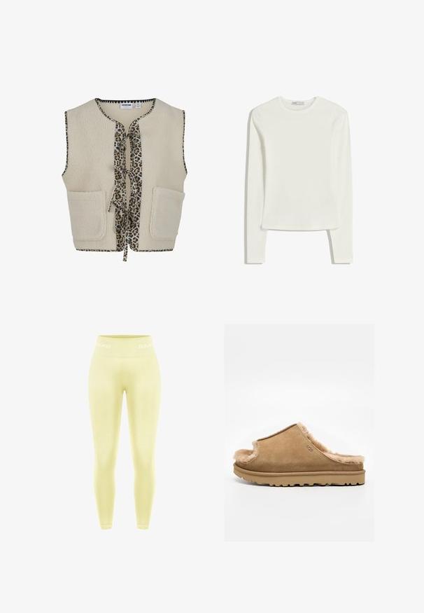 Gilet en polaire beige avec des accents imprimé léopard, présentant un lien à l'avant et deux grandes poches. Encolure arrondie et design sans manches.; Haut à manches longues blanc en tissu doux et lisse. Il présente un col rond et une coupe ajustée avec des détails de couture minimalistes.; Leggings jaunes en matière douce, avec un design sans coutures et une large ceinture portant l'inscription "SMIM" en blanc.; Chausson beige en daim à enfiler avec doublure en polaire pelucheuse et semelle en caoutchouc, présentant un logo UGG sur le côté, sur fond blanc uni.